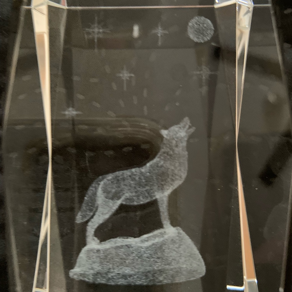 Etched glass wolf and stars paper weight